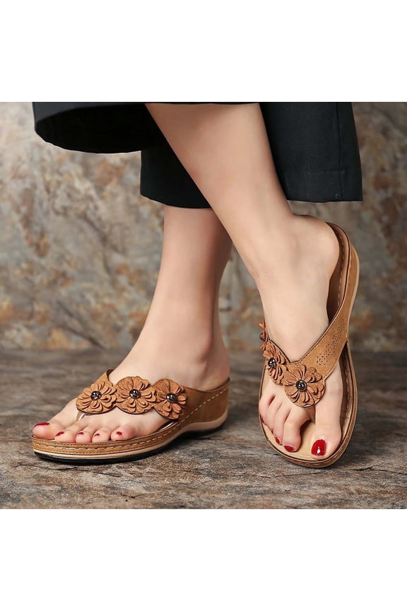 Women's Flip Flops Platform Wedge Sandals Floral Beach Slippers Dressy Summer Sandals Casual Flower Slides Slip on Thong Sandals for Easter Day Saint Patrick's Day(Brown,6.5)