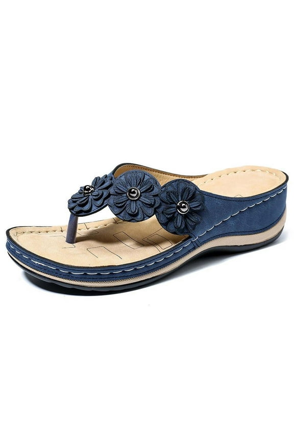 Women's Flip Flops Platform Wedge Sandals Floral Beach Slippers Dressy Summer Sandals Casual Flower Slides Slip on Thong Sandals for School College Library(Blue,8.5)