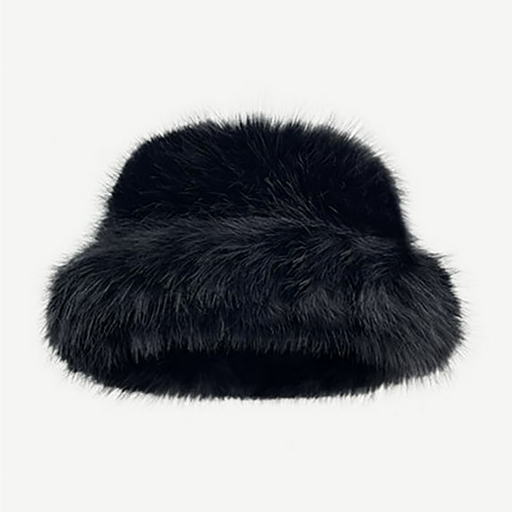 Lilgiuy Women's Fuzzy Wide Brim Faux Fur Bucket Hat Casual Solid Color Soft Comfortable Winter Warmer Fisherman Cap for Weddings, Tea Party, Leisure Trips, Churches, Daily Wear, Black