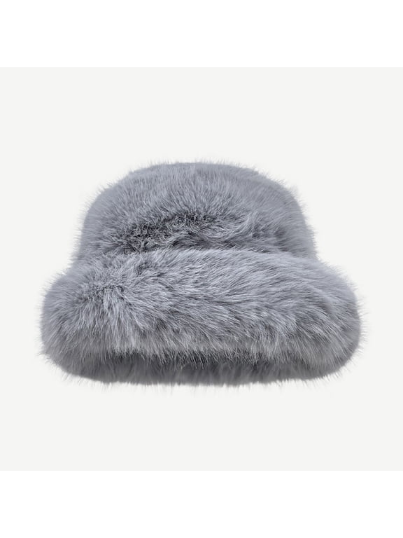 Women's Fuzzy Wide Brim Faux Fur Bucket Hat Casual Solid Color Soft Comfortable Winter Warmer Fisherman Cap for Weddings, Tea Party, Leisure Trips, Churches, Daily Wear, Gray
