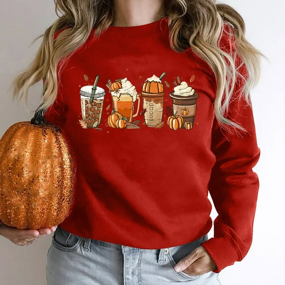 Lilgiuy Women's Halloween Hoodless Sweatshirts Fashion Graphic Printed Long Sleeve Round Neck Pullover Blouse Fall Winter Trendy Tops Red