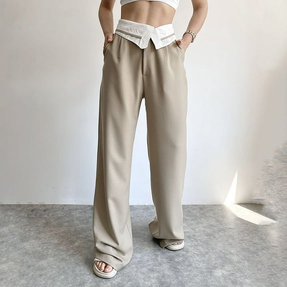 Lilgiuy Women's High Waist Pants Turned Waist Wide Leg Trousers Casual Slim Straight Trousers Cooling Tactical Hiking Pants