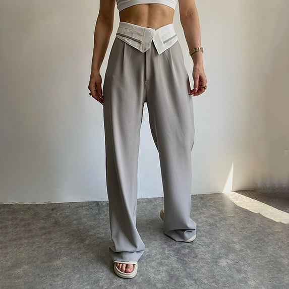 Lilgiuy Women's High Waist Pants Turned Waist Wide Leg Trousers Casual Slim Straight Trousers for Fishing Outdoor Activities