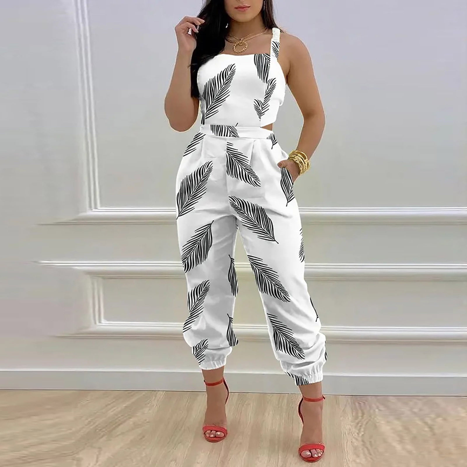 AFFYA Women jumpsuit， Women Summer Casual Loose Jumpsuits Drawstring Design  Pockets Decor Sleeveless Solid Color Jumpsuits (Color : Pink, Size : XL) :  Buy Online at Best Price in KSA - Souq