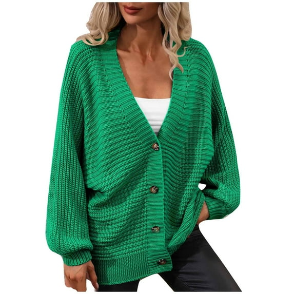 Lilgiuy Women's Knit V Neck Single Breasted Solid Color Knit Cardigan Loose Sweater Green Winter Fashion 2022