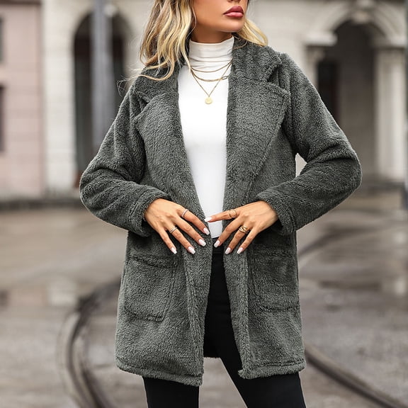 Lilgiuy Women's Lapel Double Sided Fleece Pocket Recreational Long Sleeve Tops Gifts for Your Girlfriend Wife Mom