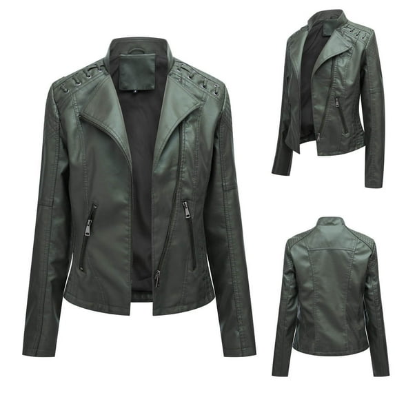 Lilgiuy Women's Lapel Motor Jacket Coat Zip Biker Short Punk Cropped Tops Army Green,8(L) Winter Clothes for 2022