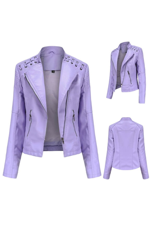 Women's Lapel Motor Jacket Coat Zip Biker Short Punk Cropped Tops Hot Pink,6(M) Winter Fashion 2022