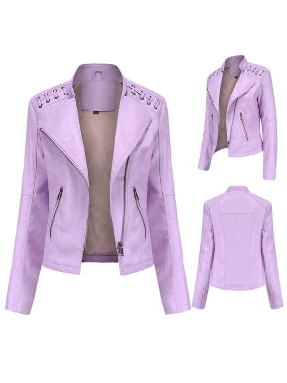 Women's Lapel Motor Jacket Coat Zip Biker Short Punk Cropped Tops Pink,4(S) Winter Fashion 2022