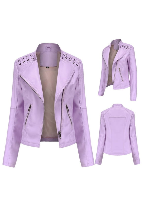 Women's Lapel Motor Jacket Coat Zip Biker Short Punk Cropped Tops Pink,4(S) Winter Fashion 2022