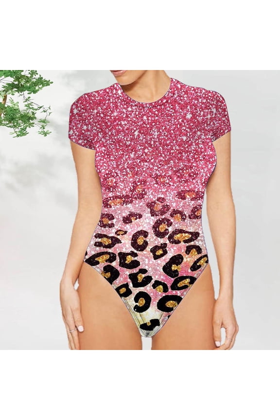 Women's Leopard Print High Elastic Tight Short Sleeved Round Neck Jumpsuit for School College