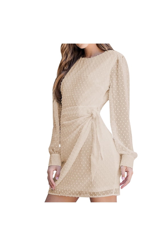 Women's Long Sleeve Bandage Draw Back Round Neck Casual Dress Beige Fall Dresses for 2022 Spring Winter
