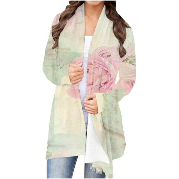 Lilgiuy Women's Long Sleeve Casual Print Cardigan Top Blouse(Beige,12) Fall Fashion for 2022 Spring Winter