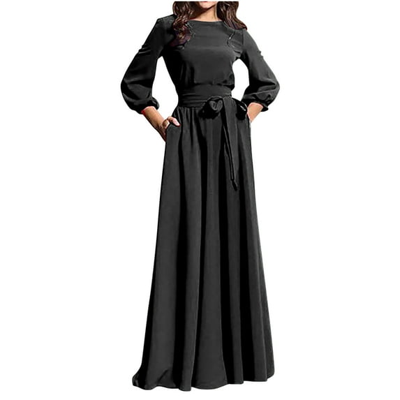 Lilgiuy Women's Long Sleeve Elegant Long Round Neck Temperament Solid Color Dress Black 2022 Fall Winter