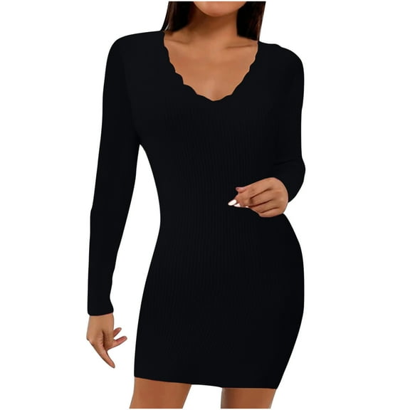 Lilgiuy Women's Long Sleeve Slim Fit Casual Solid Color V-Neck Cross Dress Black Fall Dresses for 2022 Spring Winter