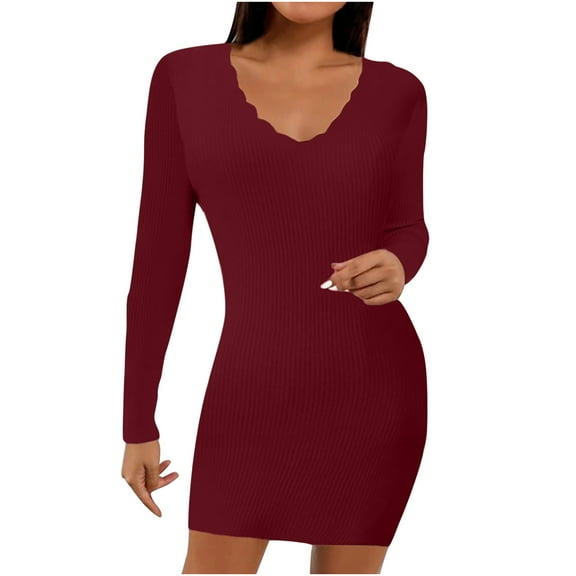 Lilgiuy Women's Long Sleeve Slim Fit Casual Solid Color V-Neck Cross Dress Wine Fall Dresses for 2022 Spring Winter