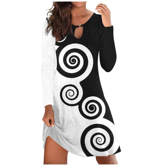 Lilgiuy Women's Long Sleeved Dress With Round Neck Hollow Out Short Print Dress for New Year Thanksgiving