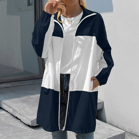 Lilgiuy Women's Long Sleeved Hooded Color Blocking Waterproof Outdoor Sports Casual Jacket Navy，6 2022 Fall Winter