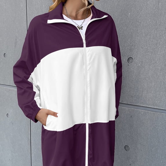 Lilgiuy Women's Long Sleeved Hooded Color Blocking Waterproof Outdoor Sports Casual Jacket Purple，10 2022 Fall Winter