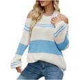 thumbnail image 1 of Lilgiuy Women's Long Sleeves Color Matching Round Neck Loose Pullover Stripe Tops Blouse Knitted Sweater,Sky Blue,8(L) Fall Fashion for 2022 Spring Winter, 1 of 5