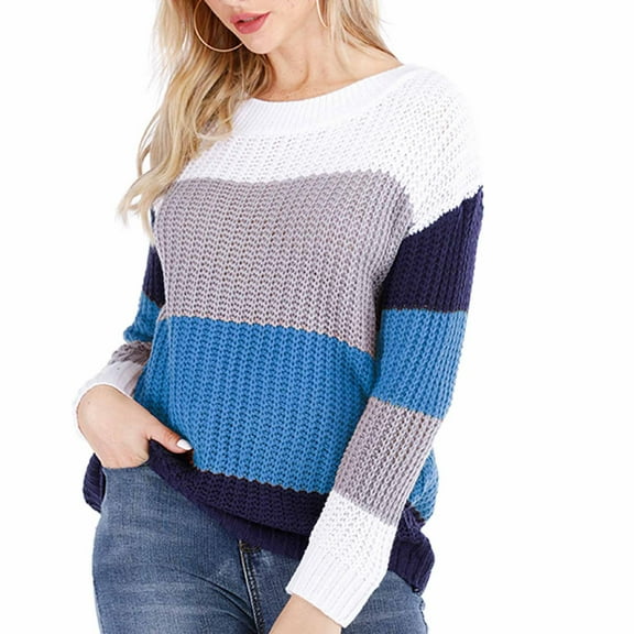 Lilgiuy Women's Long Sleeves Round Neck Color Matching Loose Tops Blouse Knitted Sweater,Blue,12 2022 Fall Winter