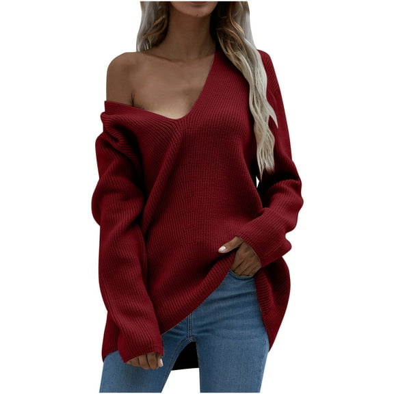 Lilgiuy Women's Long Sleeves V Neck Loose Pullover Tops Blouse Knitted Sweater,Wine,10(XL) Winter Fashion 2022