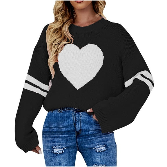 Lilgiuy Women's Loose Round Neck Pullover Love Long Sleeve Sweater Black Winter Dresses for 2022