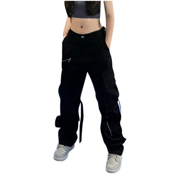 Lilgiuy Women's Multi Pocket Bandage Loose Slim Casual Pants High Waist Straight Tube Tooling Woven Pants Black 8(L) Fall Fashion for 2022 Spring Winter