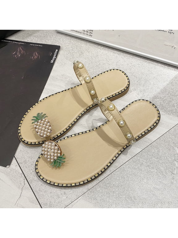 Women's Pineapple Pearls Flat Sandals, Clip Toe Flip Flops Vintage Casual Flat Slippers Beach Shoes for Dorm Shower (Beige,9.5)