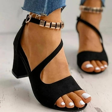 Lilgiuy Women's Platform Heels Sandals Solid Color Chunky High Heel Ankle Strap Open Toe Comfortable Wedges Sandal for Wedding Party Dress Pump(Black)