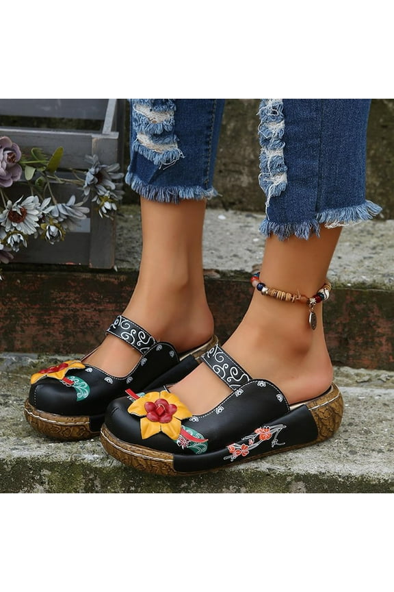 Women's Platform Sandals Dressy Retro Floral Closed Toe Slip on Slide Sandals Summer Slippers Ladies Beach Sandals with Arch Support for Photoshot(Black,4.5)