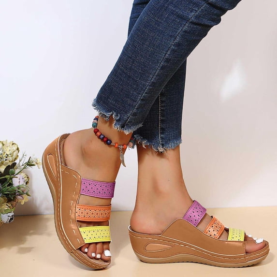 Lilgiuy Women's Platform Wedge Sandals Open Toe Slip on Orthopedic Sandals Summer Casual Slippers Walking Sandals with Arch Support for Travel (Brown,6.5)