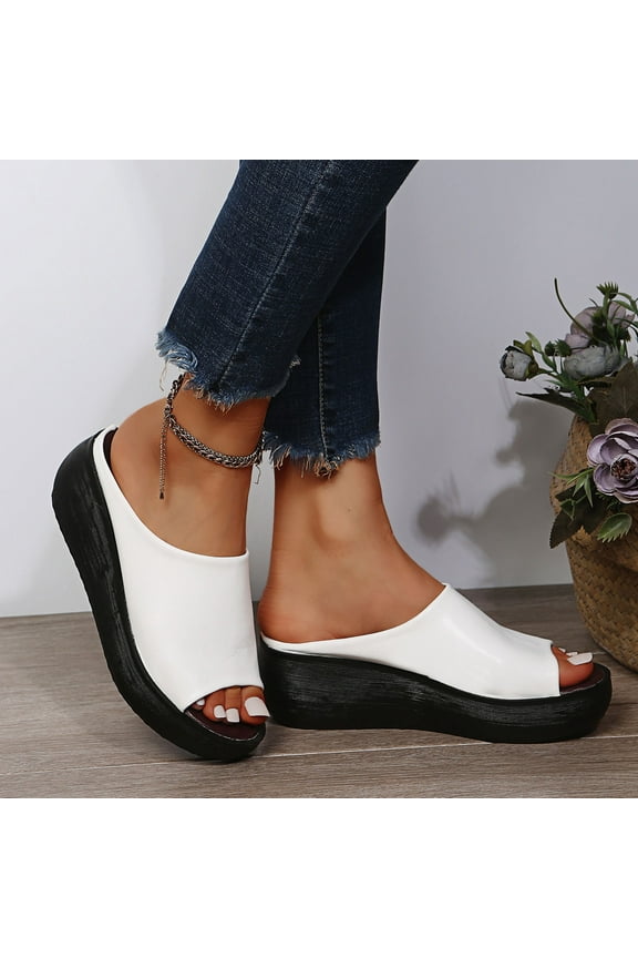 Women's Platform Wedge Slide Sandals Open Toe Slip on Slippers Summer Casual Slides Trendy Leather Thick Soled Shoes for School College Library(White,6)