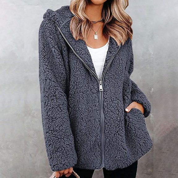Lilgiuy Women's Plush Long Sleeve Zip Hooded Jacket Casual Coat/Jacket Solid Color With Pockets Winter Fashion 2022