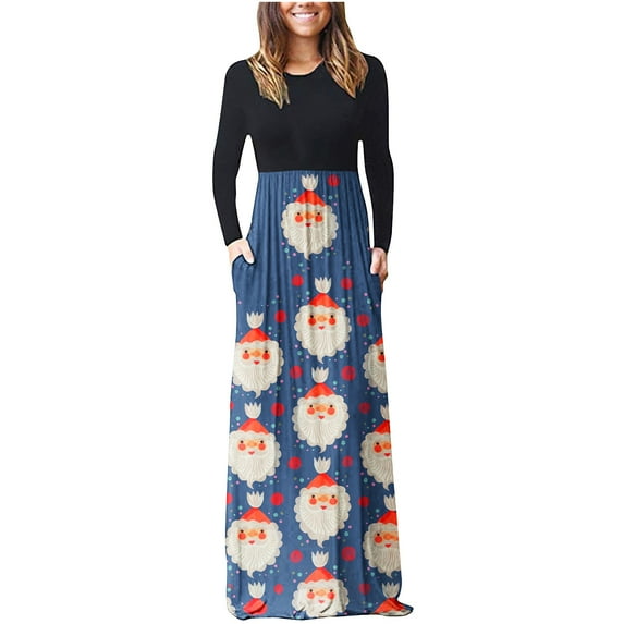 Lilgiuy Women's Printed Long Sleeve Pocket Round-Neck Pullover Dress Blue Fall Dresses for 2022 Spring Winter