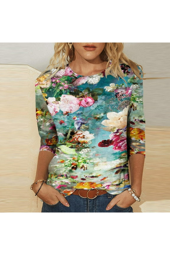 Women's Printed Loose T-shirt Mid-length 3/4 Sleeves Blouse Round Neck Casual Tops 2022 Fall Winter