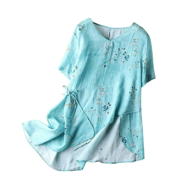 Lilgiuy Women's Ramie V-Neck Shirt Fashion Floral Retro Literary Blouse Loose Long-Sleeved Everything Top Basic Versatile Tees