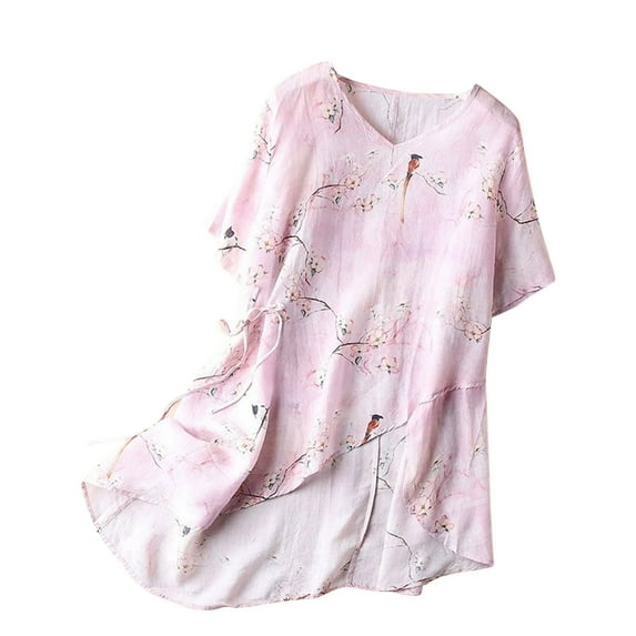 Lilgiuy Women's Ramie V-Neck Shirt Fashion Floral Retro Literary Blouse Loose Long-Sleeved Everything Top Lightweight Active Yoga Tee Shirts