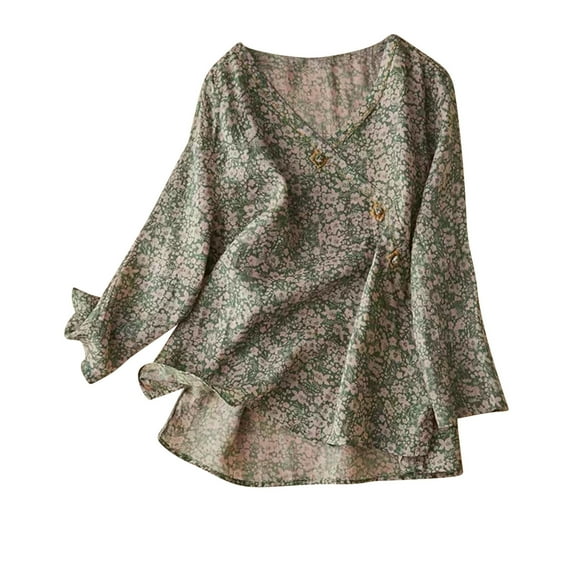 Lilgiuy Women's Ramie V-Neck Shirt Fashion Floral Retro Literary Blouse Loose Long-Sleeved Everything Top Wild Base Tees