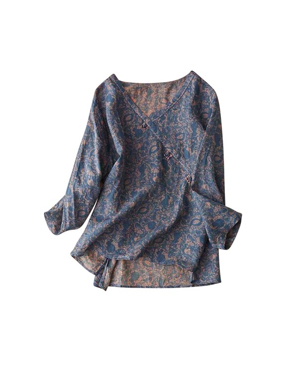 Women's Ramie V-Neck Shirt Fashion Floral Retro Literary Blouse Loose Long-Sleeved Everything Top Work Wear