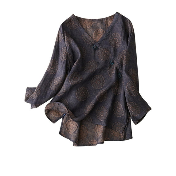 Lilgiuy Women's Ramie V-Neck Shirt Fashion Floral Retro Literary Blouse Loose Long-Sleeved Everything Top for Women Trendy Going Out