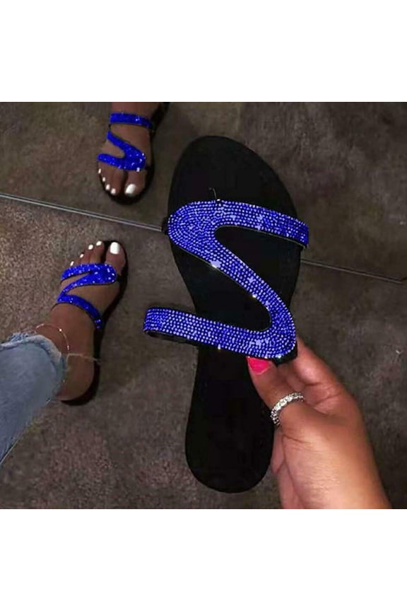 Women's Rhinestone Flat Sandals Clearance Flat Slippers Strappy Slip on Open Toe Slide Sandals Plus Size Flip Flops Dressy Thong Sandals for Travel (Blue,6)