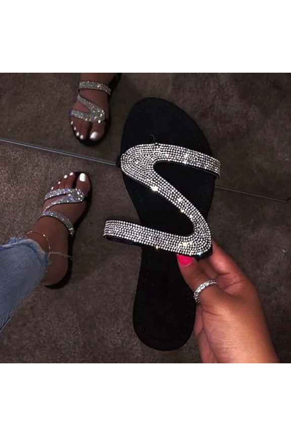 Women's Rhinestone Flat Sandals Strappy Slip on Open Toe Slide Sandals Summer Plus Size Flat Slippers Comfortable Beach for Seaside Hawaiian(Silver,11)
