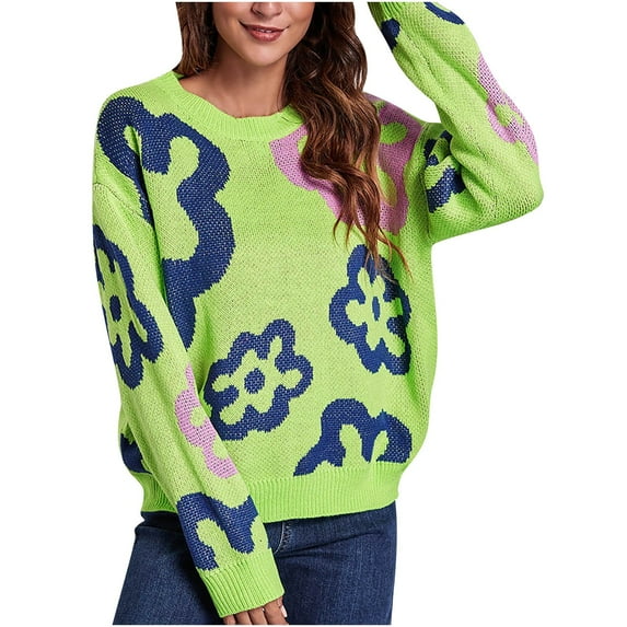 Lilgiuy Women's Round-Neck Sweater Flower Loose Autumn And Winter Long Sleeve Sweater Leisure,Green,6 2022 Fall Winter