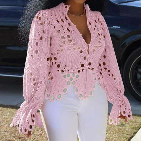 Lilgiuy Women's Sexy Ruffle Long Sleeve Summer Puff Flare Shirt V Neck Hollow Out Tunic Blouses Tops to Wear with Leggings