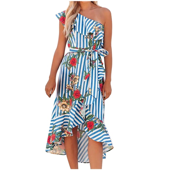 Lilgiuy Women's Skew Collar Loose Sleeveless Backless Print Mid-Claf Dress Belt Blue,8 2022 Fall Winter