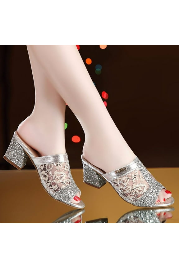 Women's Slide Sandals Mesh Glitter Peep Toe Low Block Chunky Heels Sandals Summer Elegant Heeled Slides Slip on Heeled Sandals Pumps Shoes for School College Library(Silver,9)