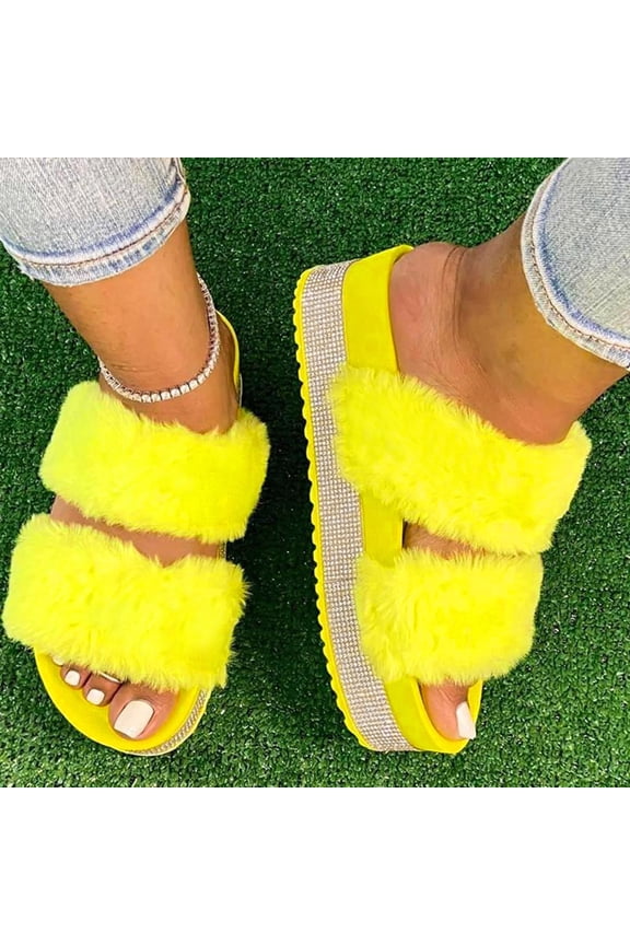 Women's Slip on Platform Sandals Comfortable Open Toe Rhinestone Flatform Slide Sandals Fuzzy Two Strap Slipper for Easter Day Saint Patrick's Day(Yellow,7.5)