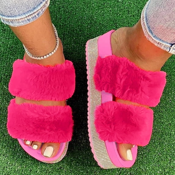 Lilgiuy Women's Slip on Platform Sandals Comfortable Open Toe Rhinestone Flatform Slide Sandals Fuzzy Two Strap Slipper Gifts for Your Family or Friends(Red,9)