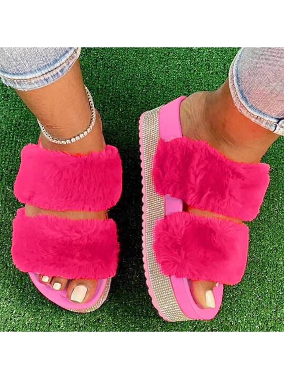 Women's Slip on Platform Sandals Comfortable Open Toe Rhinestone Flatform Slide Sandals Fuzzy Two Strap Slipper for Outdoor Activities(Red,10)